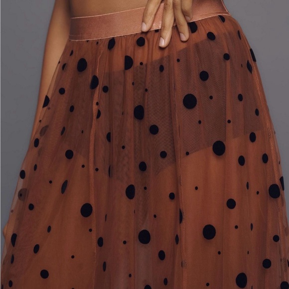 Maeve Sheer Tulle Brown and Black Polka Dot Maxi Skirt - Picture 2 of 4